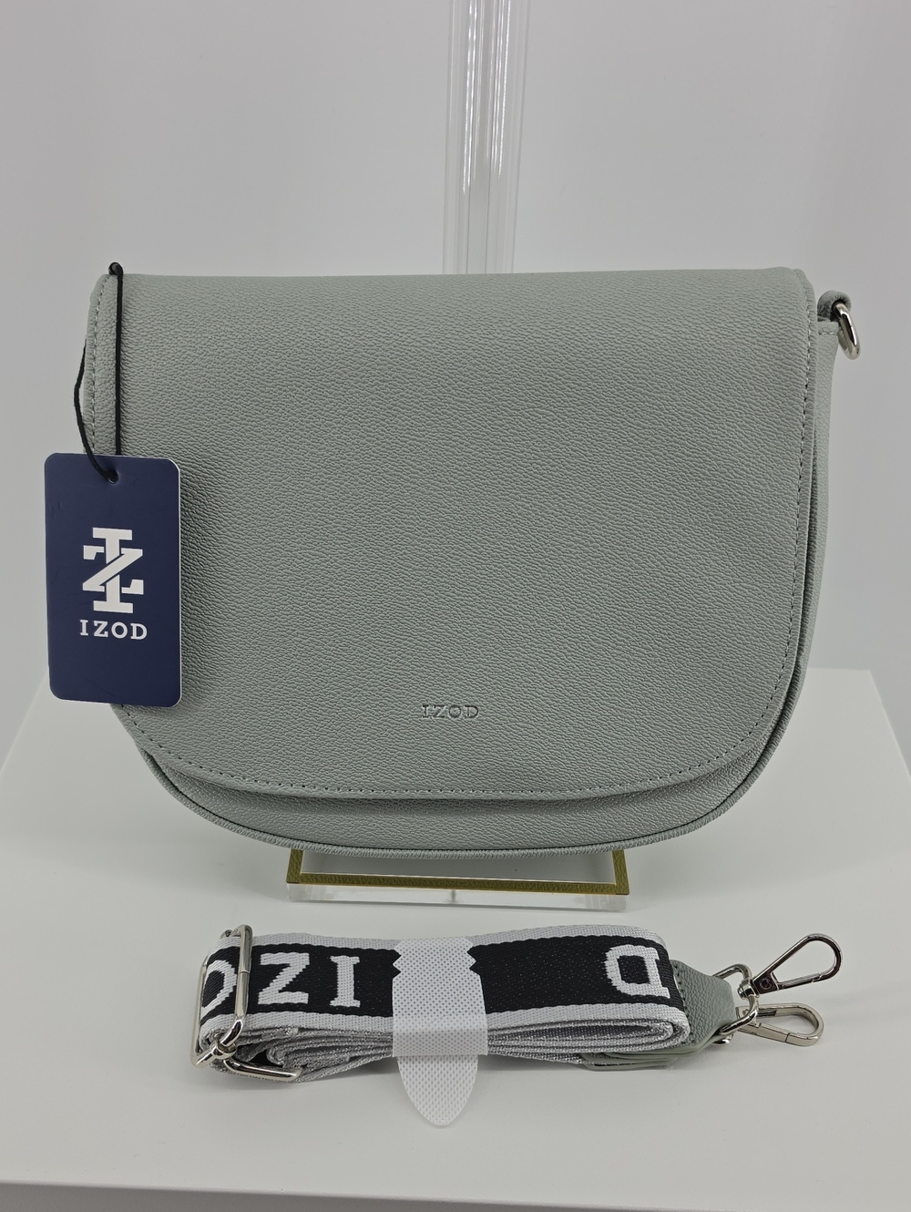 Izod Sage Green Pebbled Flap Crossbody with Branded Strap
